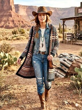 Aztec Southwestern boho open front cardigan w prairie Country southwestern vibe
